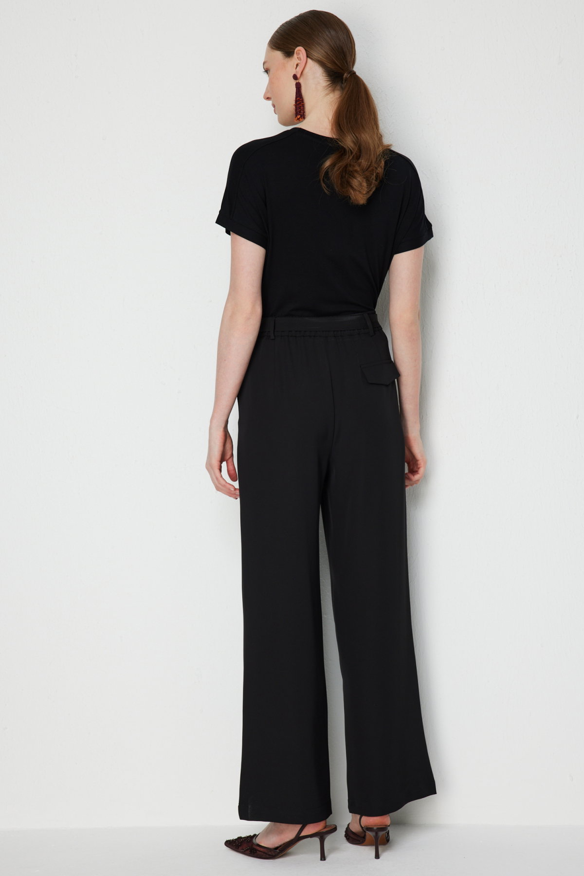 Ekol Kadın Kuşaklı Bol Paça Pileli Pantolon 4128 Siyah - 4