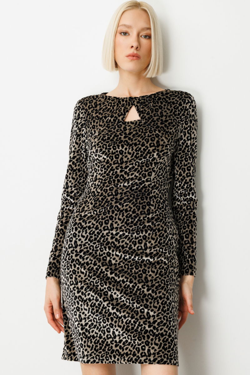 Ekol Kadın Leopar Desenli Mini Kadife Elbise 4037 Siyah - 3