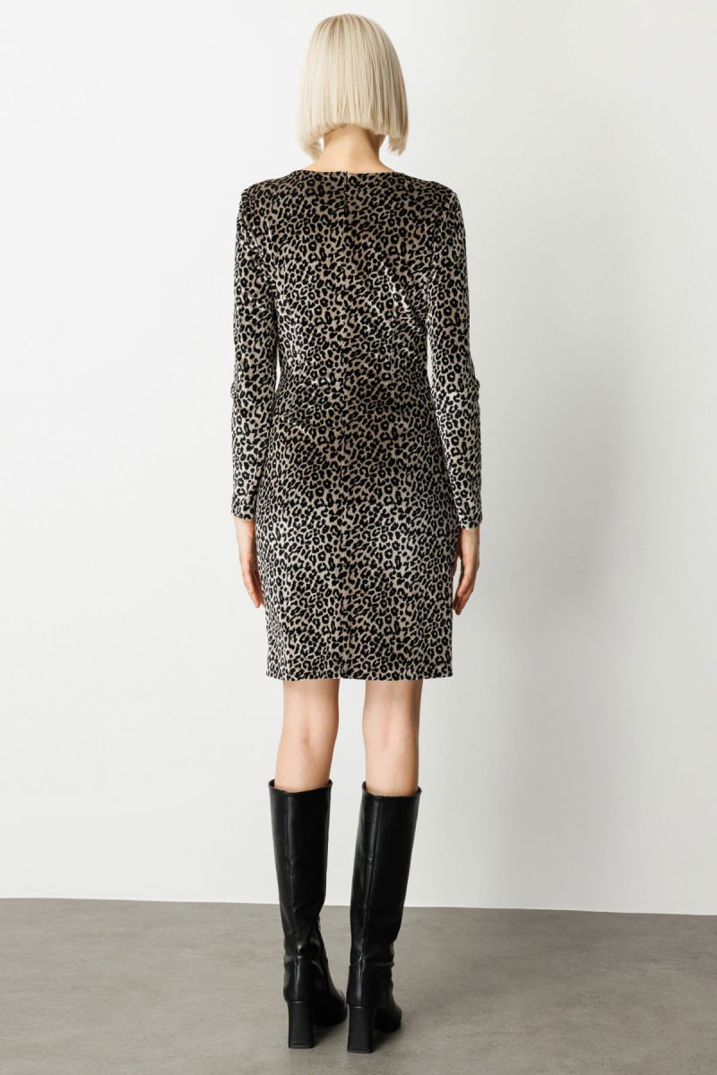 Ekol Kadın Leopar Desenli Mini Kadife Elbise 4037 Siyah - 4