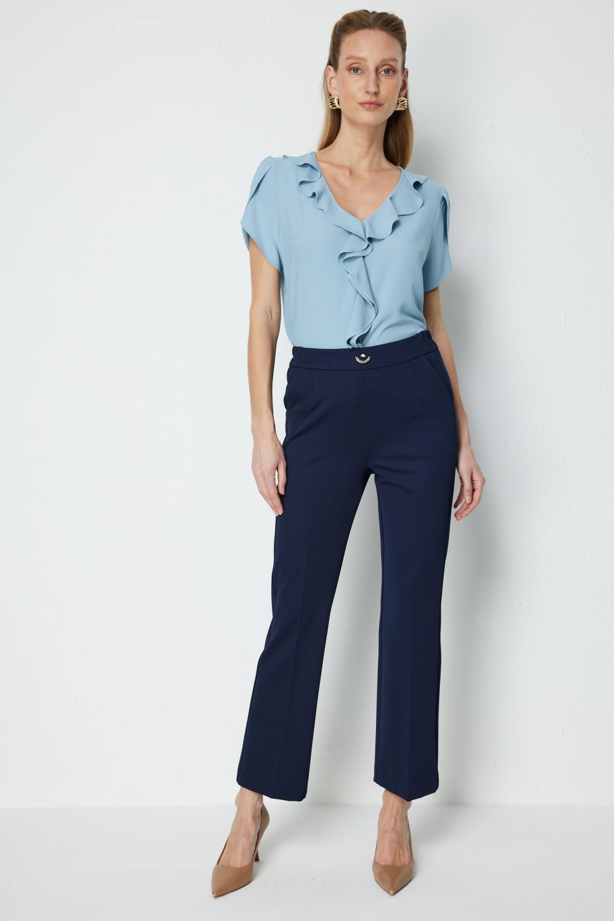 Ekol Kadın Metal Aksesuarlı Boru Paça Pantolon 4046 Lacivert - 1