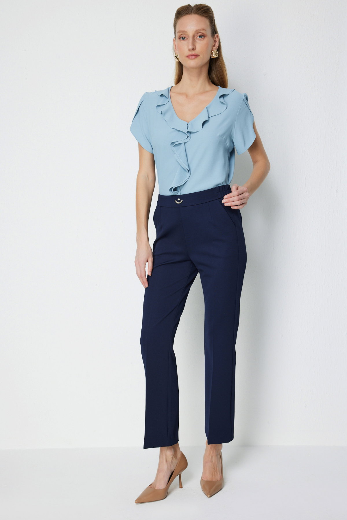 Ekol Kadın Metal Aksesuarlı Boru Paça Pantolon 4046 Lacivert - 2