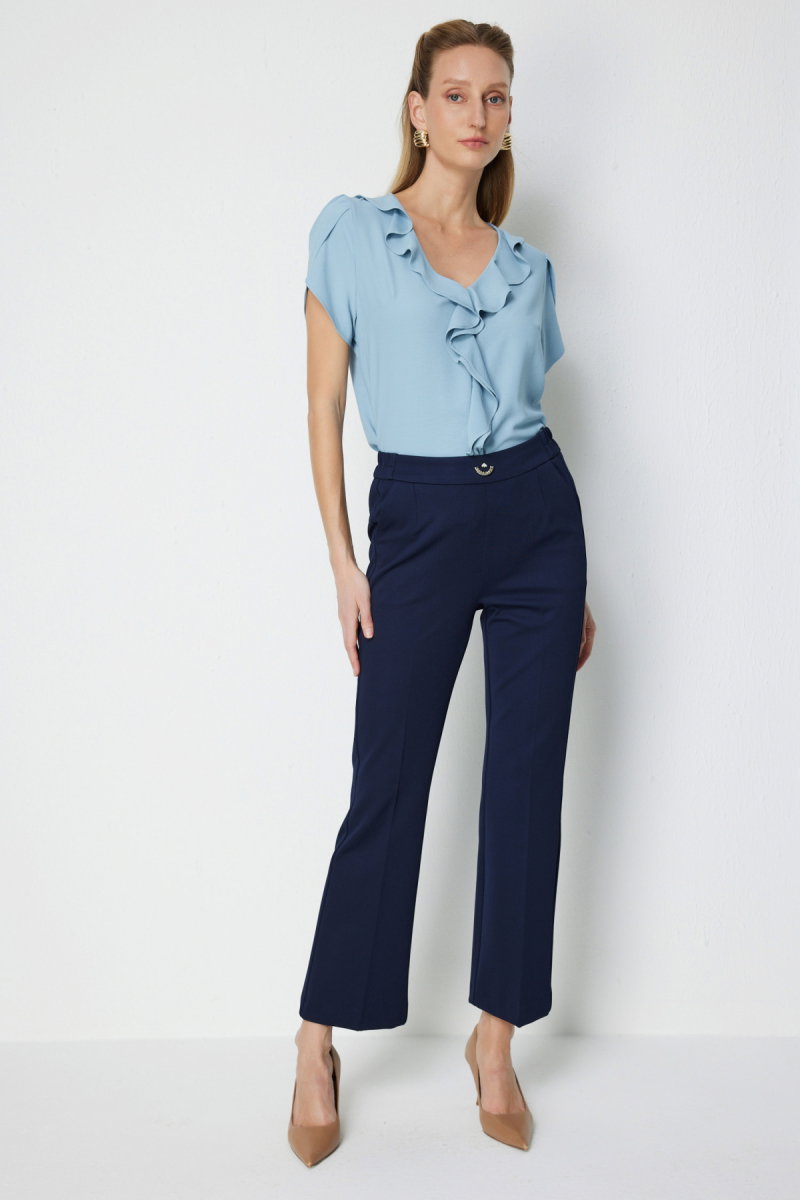 Ekol Kadın Metal Aksesuarlı Boru Paça Pantolon 4046 Lacivert - 3