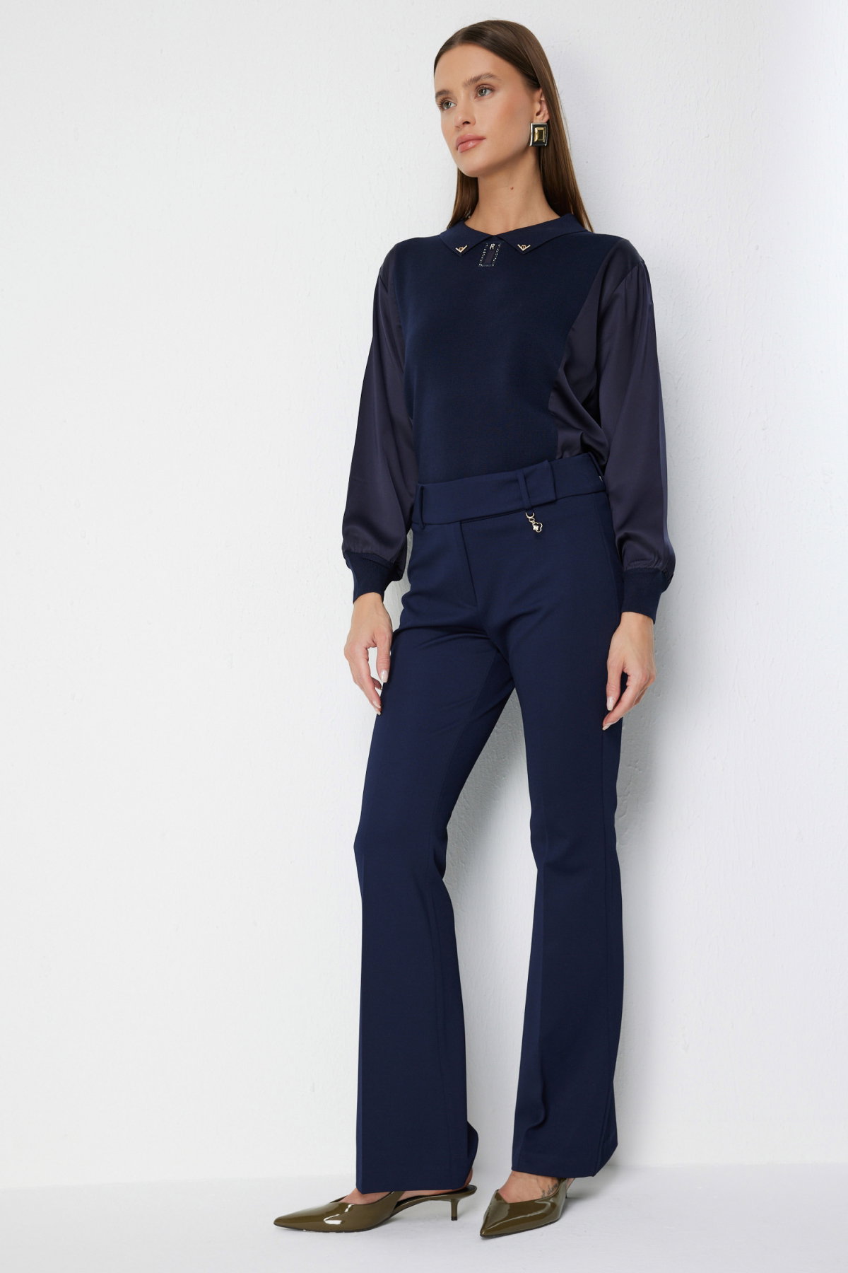 Ekol Kadın Metal Aksesuarlı İspanyol Paça Pantolon 4044 Lacivert - 1