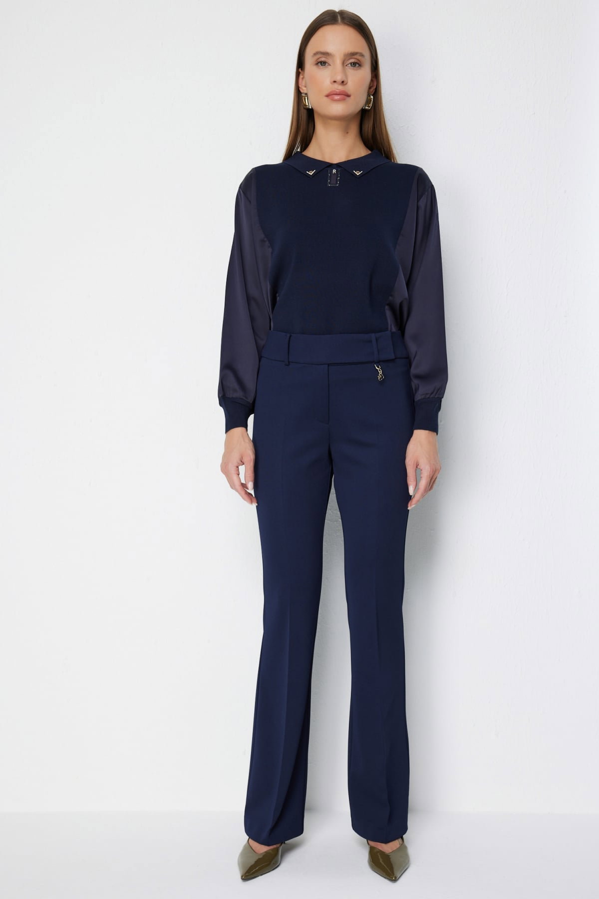 Ekol Kadın Metal Aksesuarlı İspanyol Paça Pantolon 4044 Lacivert - 2