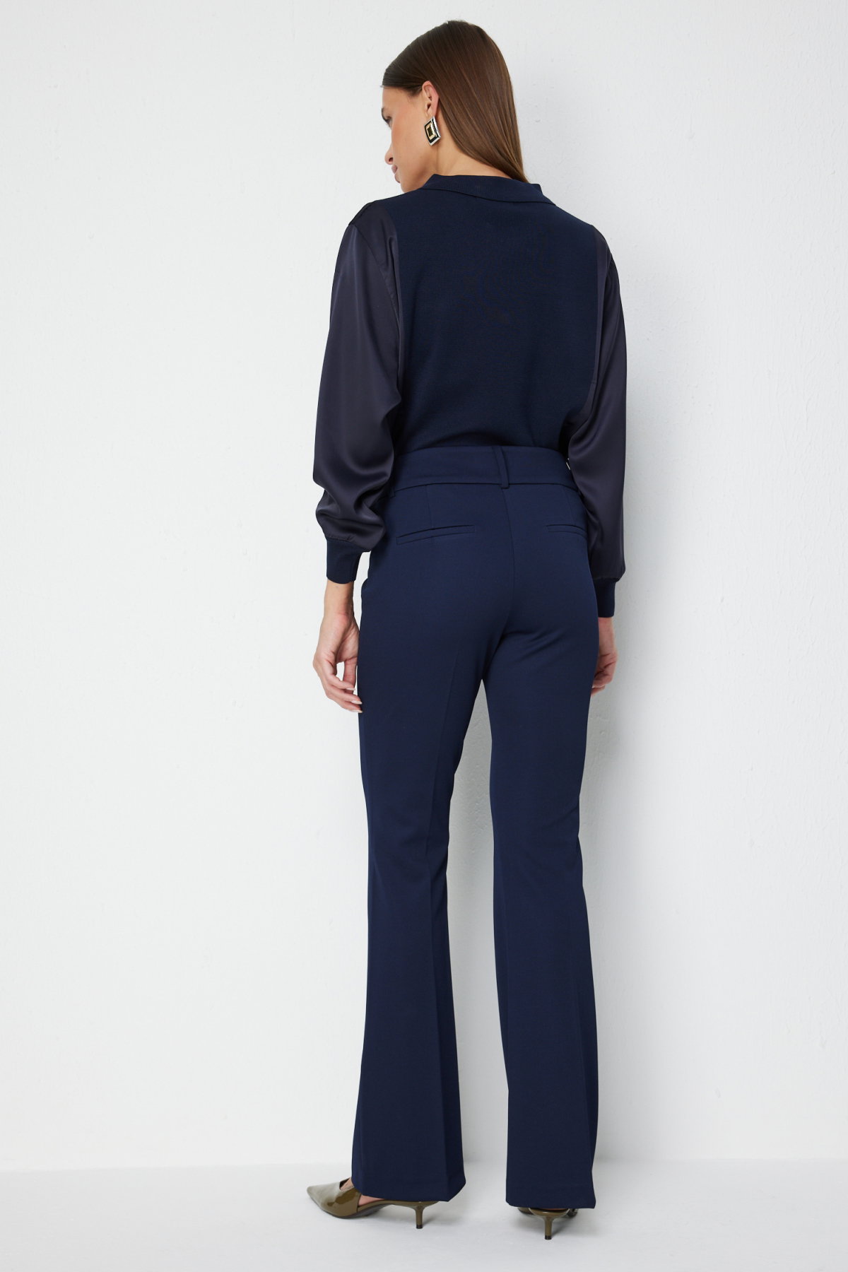 Ekol Kadın Metal Aksesuarlı İspanyol Paça Pantolon 4044 Lacivert - 4