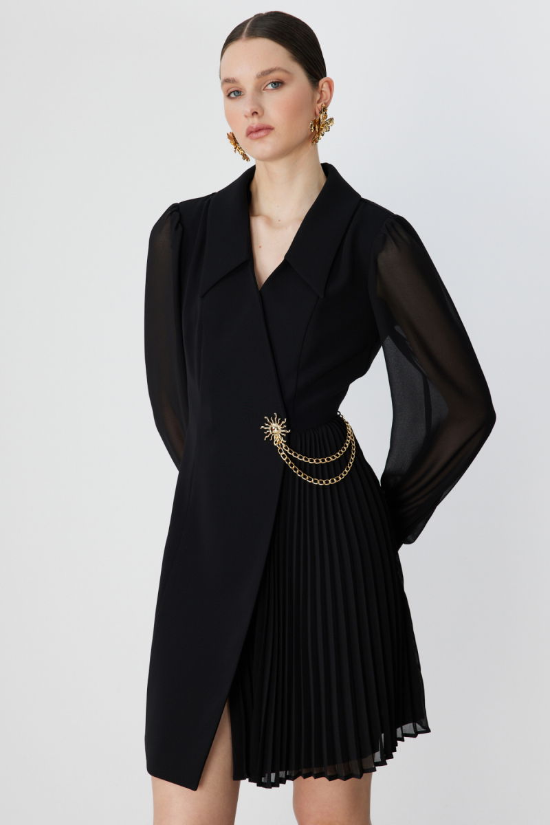 Ekol Kadın Metal Aksesuarlı Kolları Tül Mini Elbise 6048 Siyah - 2