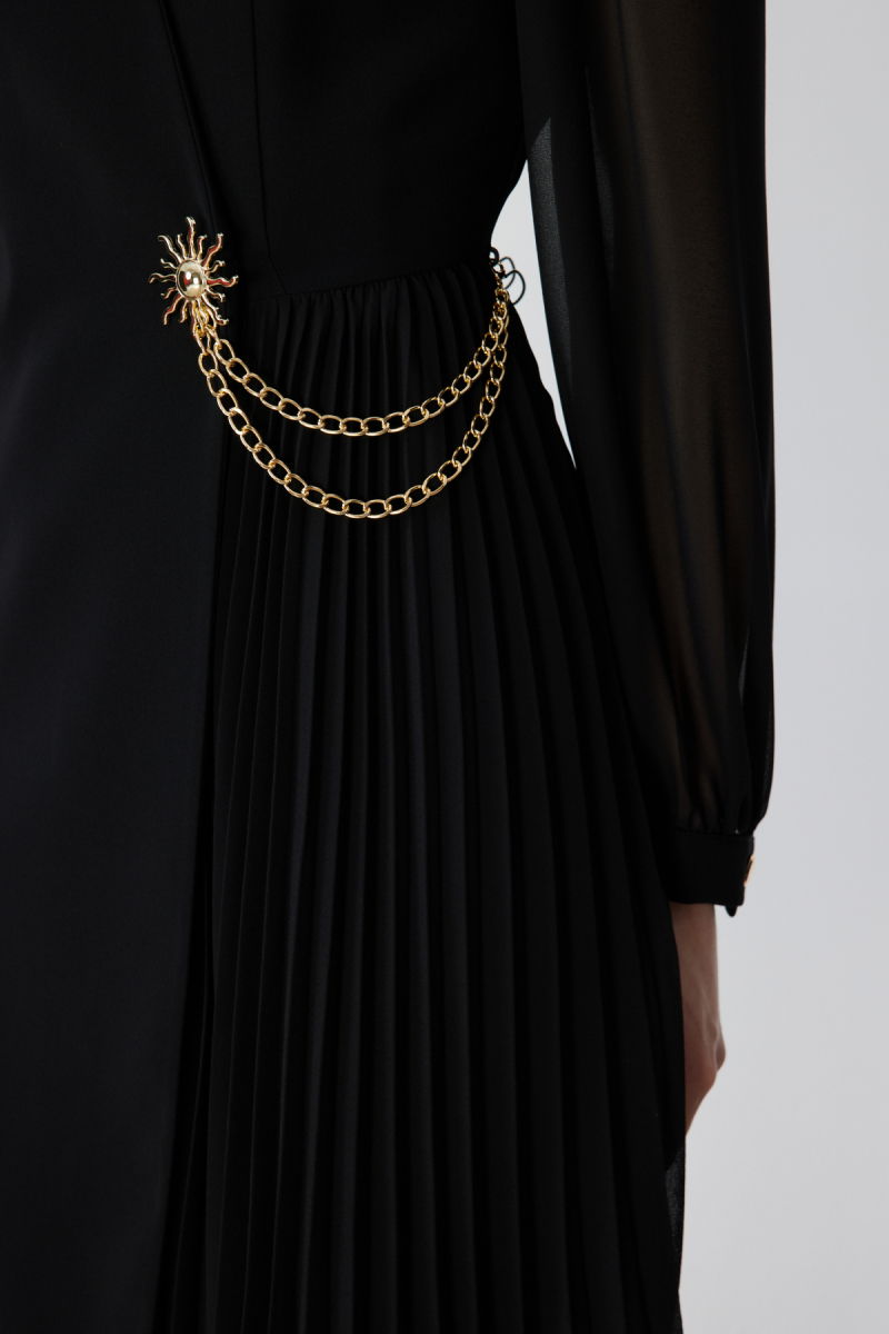 Ekol Kadın Metal Aksesuarlı Kolları Tül Mini Elbise 6048 Siyah - 3