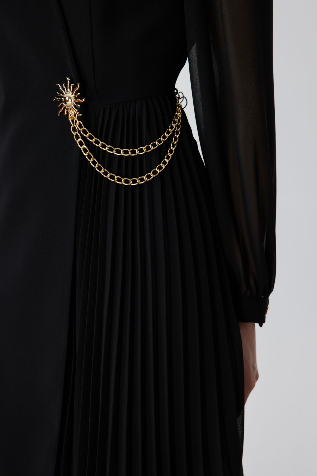 Ekol Kadın Metal Aksesuarlı Kolları Tül Mini Elbise 6048 Siyah - 3