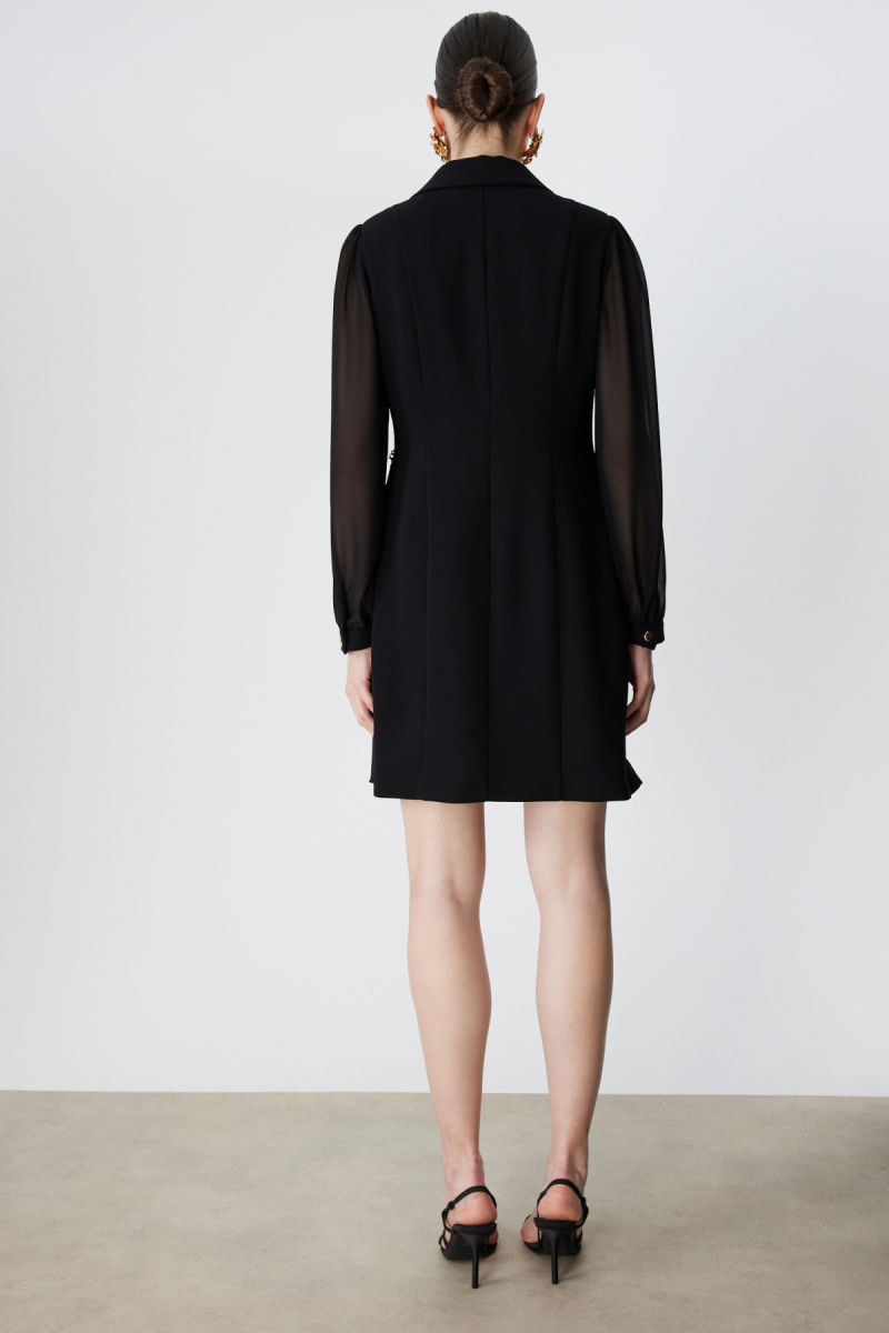 Ekol Kadın Metal Aksesuarlı Kolları Tül Mini Elbise 6048 Siyah - 4