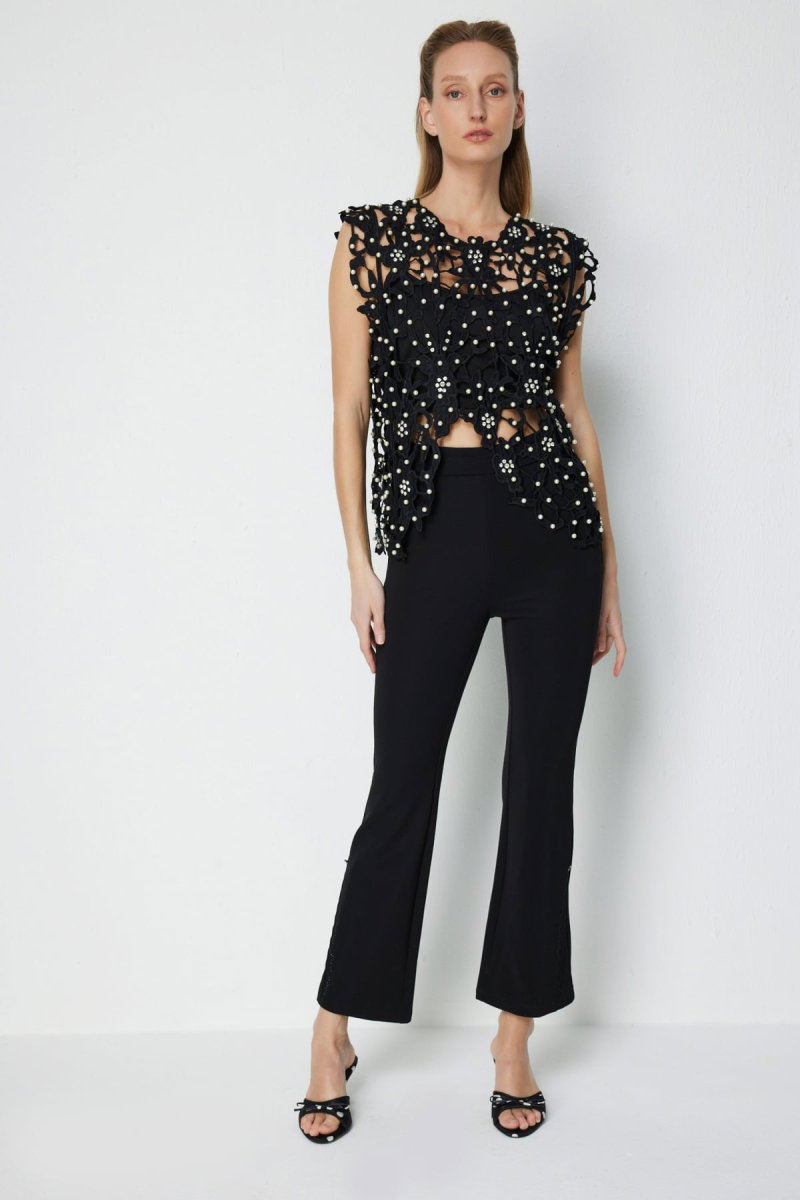 Ekol Kadın Metal Aksesuarlı Paçası Taşlı Pantolon 4932 Siyah - Ekol