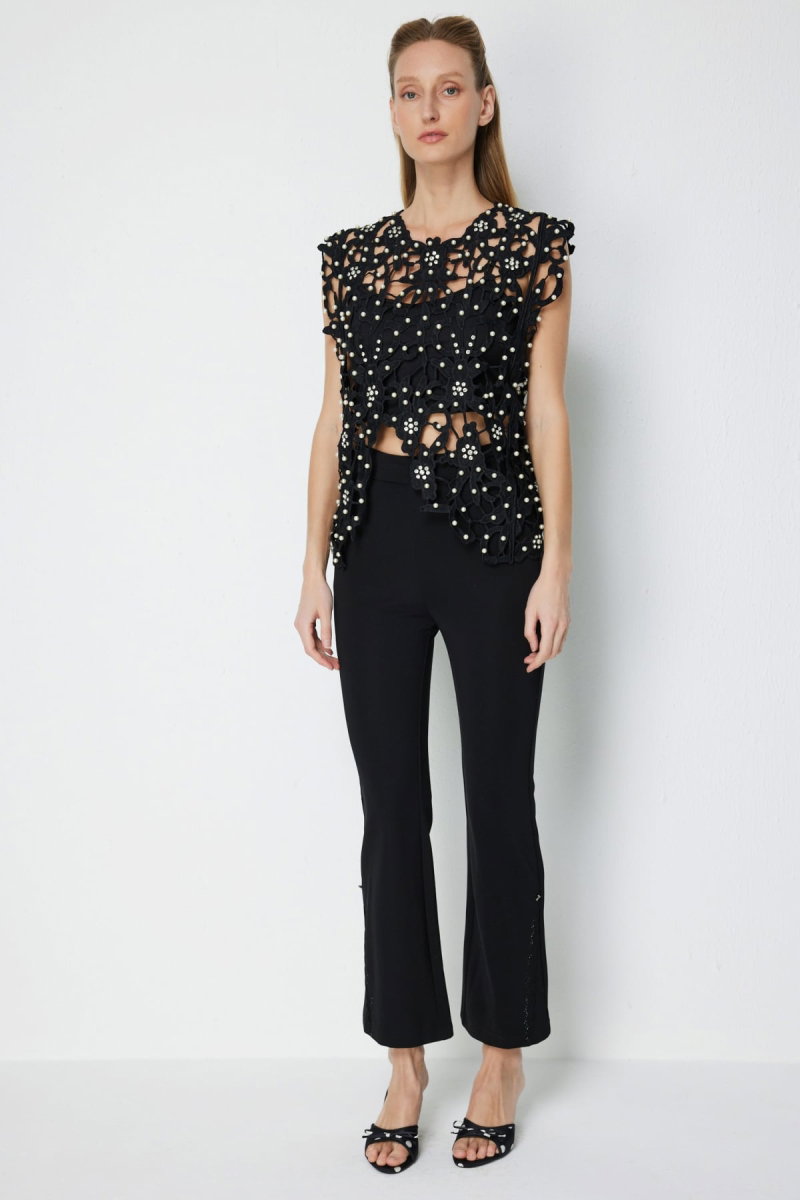 Ekol Kadın Metal Aksesuarlı Paçası Taşlı Pantolon 4932 Siyah - 2