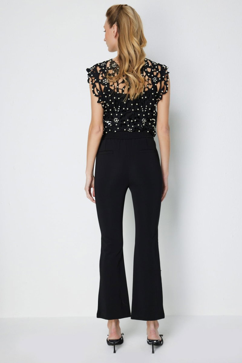 Ekol Kadın Metal Aksesuarlı Paçası Taşlı Pantolon 4932 Siyah - 4