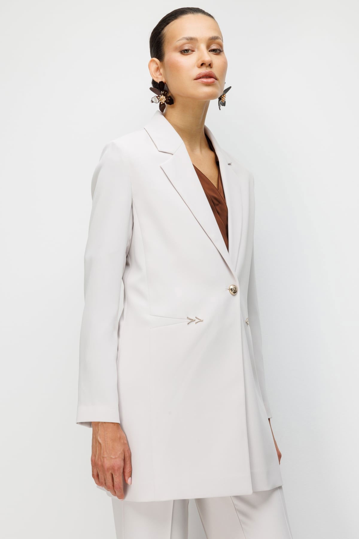 Ekol Kadın Metal Aksesuarlı Tek Düğme Uzun Ceket 1014 Taş - 2