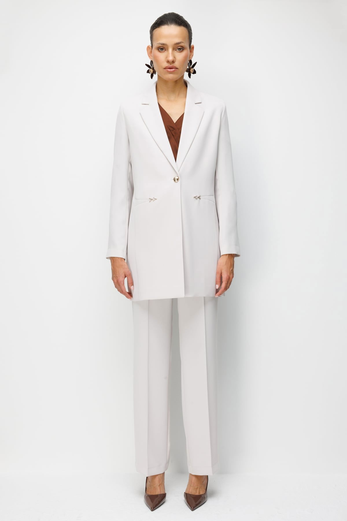 Ekol Kadın Metal Aksesuarlı Tek Düğme Uzun Ceket 1014 Taş - 3