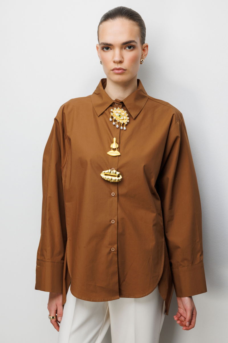 Ekol Kadın Metal Broşlu Oversize Pamuk Gömlek 2822 Kakao - Ekol