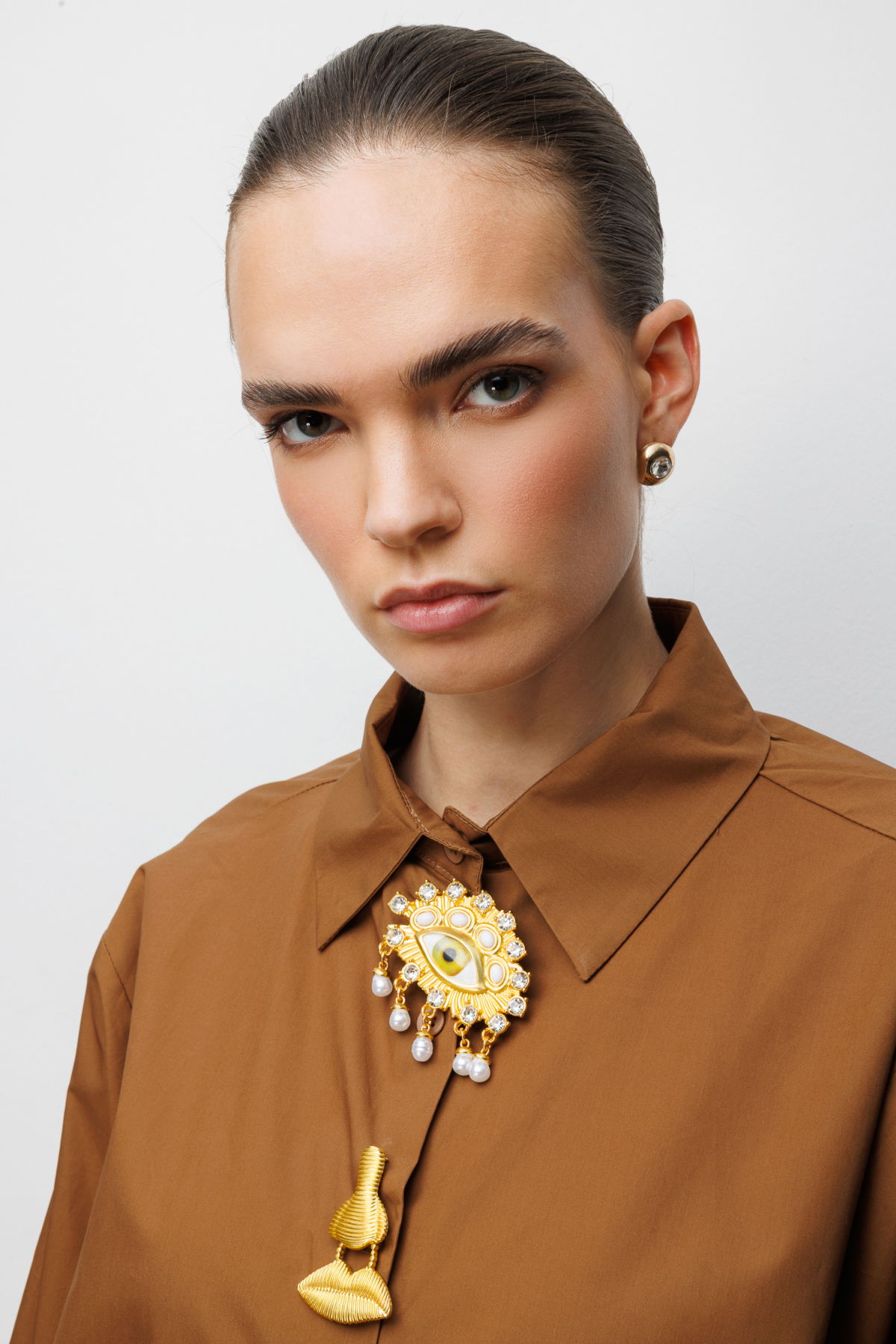 Ekol Kadın Metal Broşlu Oversize Pamuk Gömlek 2822 Kakao - 2