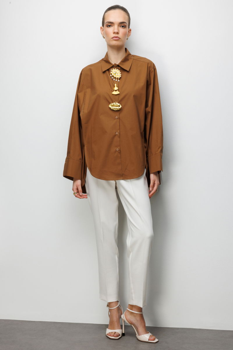 Ekol Kadın Metal Broşlu Oversize Pamuk Gömlek 2822 Kakao - 3