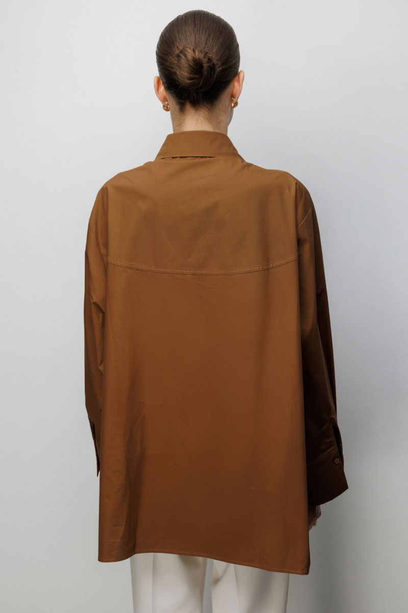 Ekol Kadın Metal Broşlu Oversize Pamuk Gömlek 2822 Kakao - 4