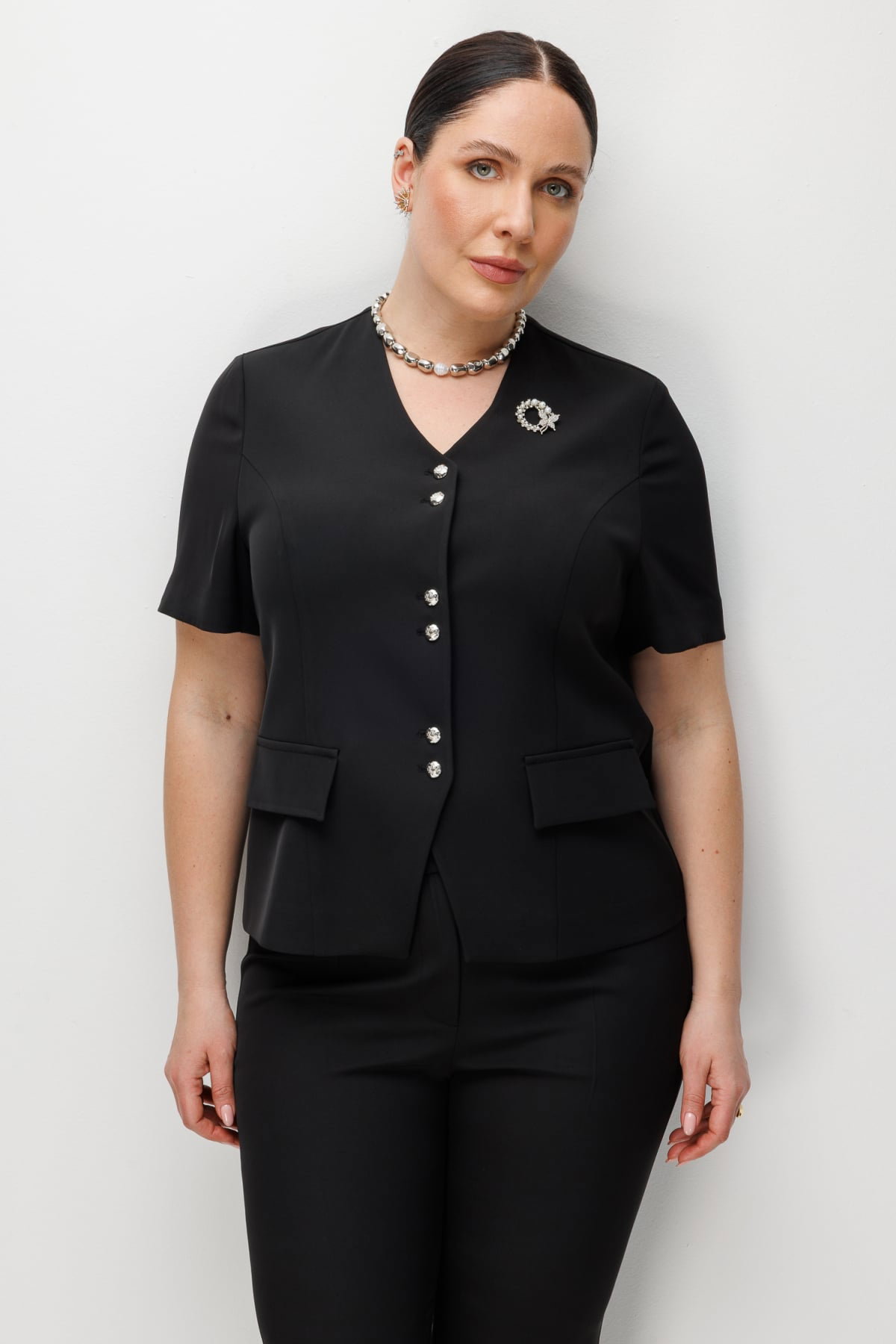 Ekol Kadın Metal Broşlu V Yaka Ceket 1528 Siyah - 1