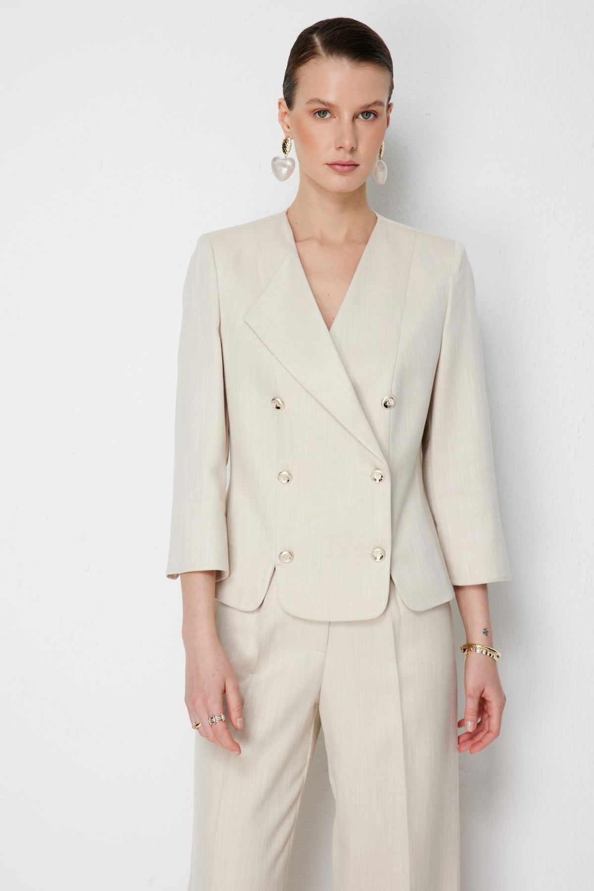 Ekol Kadın Metal Düğmeli Volanlı Ceket 1070 Gold - 1