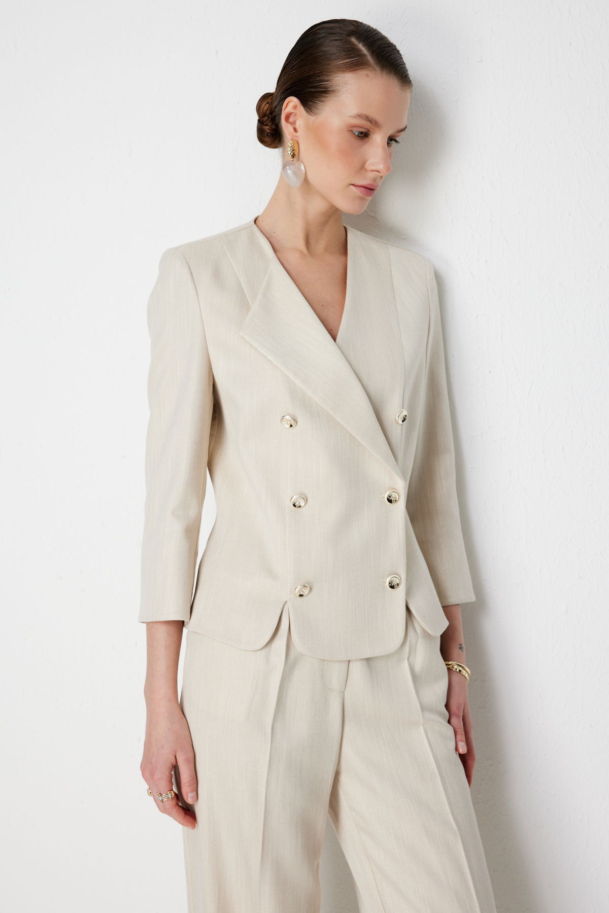 Ekol Kadın Metal Düğmeli Volanlı Ceket 1070 Gold - 2