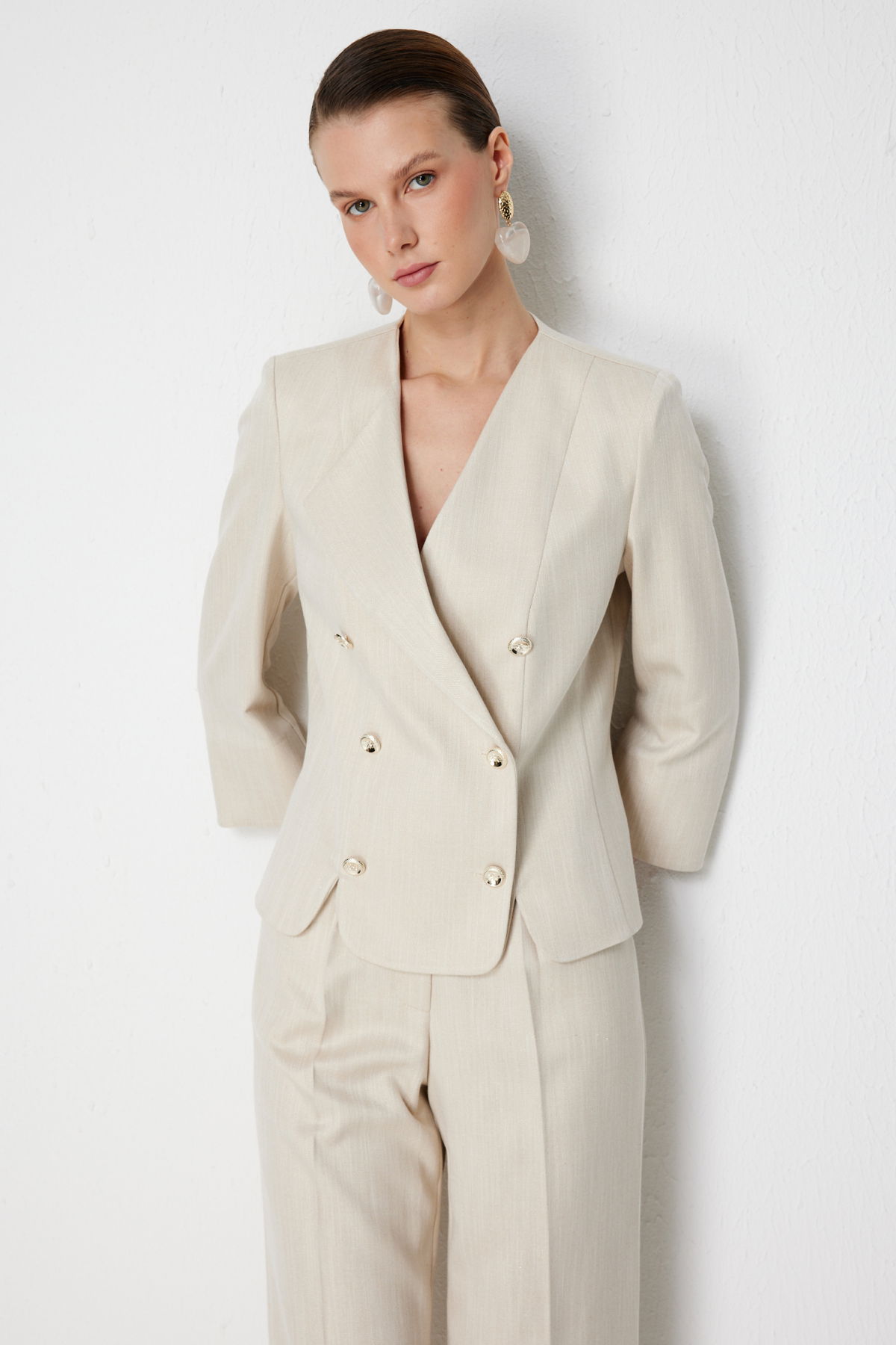 Ekol Kadın Metal Düğmeli Volanlı Ceket 1070 Gold - 3