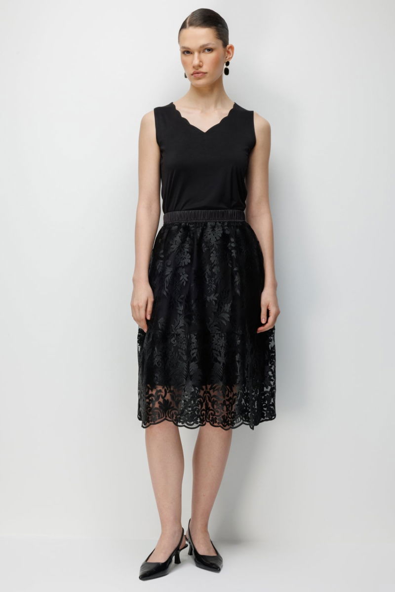 Ekol Kadın Nakış Desenli Yan Cepli Midi Etek 3944 Siyah - Ekol