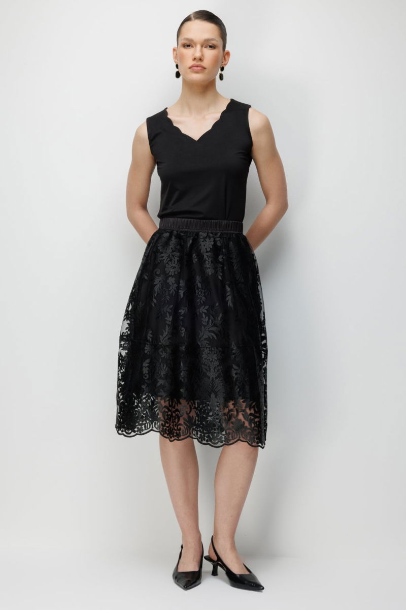 Ekol Kadın Nakış Desenli Yan Cepli Midi Etek 3944 Siyah - 2