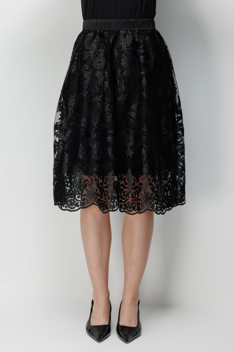 Ekol Kadın Nakış Desenli Yan Cepli Midi Etek 3944 Siyah - 3