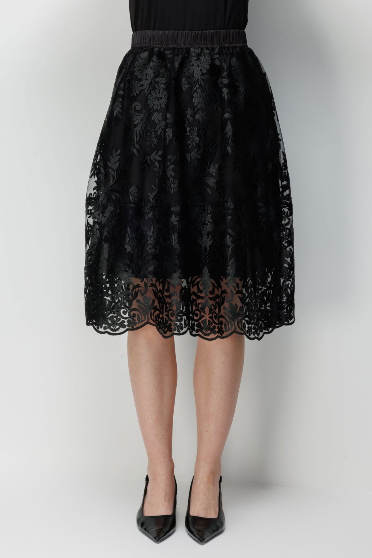 Ekol Kadın Nakış Desenli Yan Cepli Midi Etek 3944 Siyah - 3