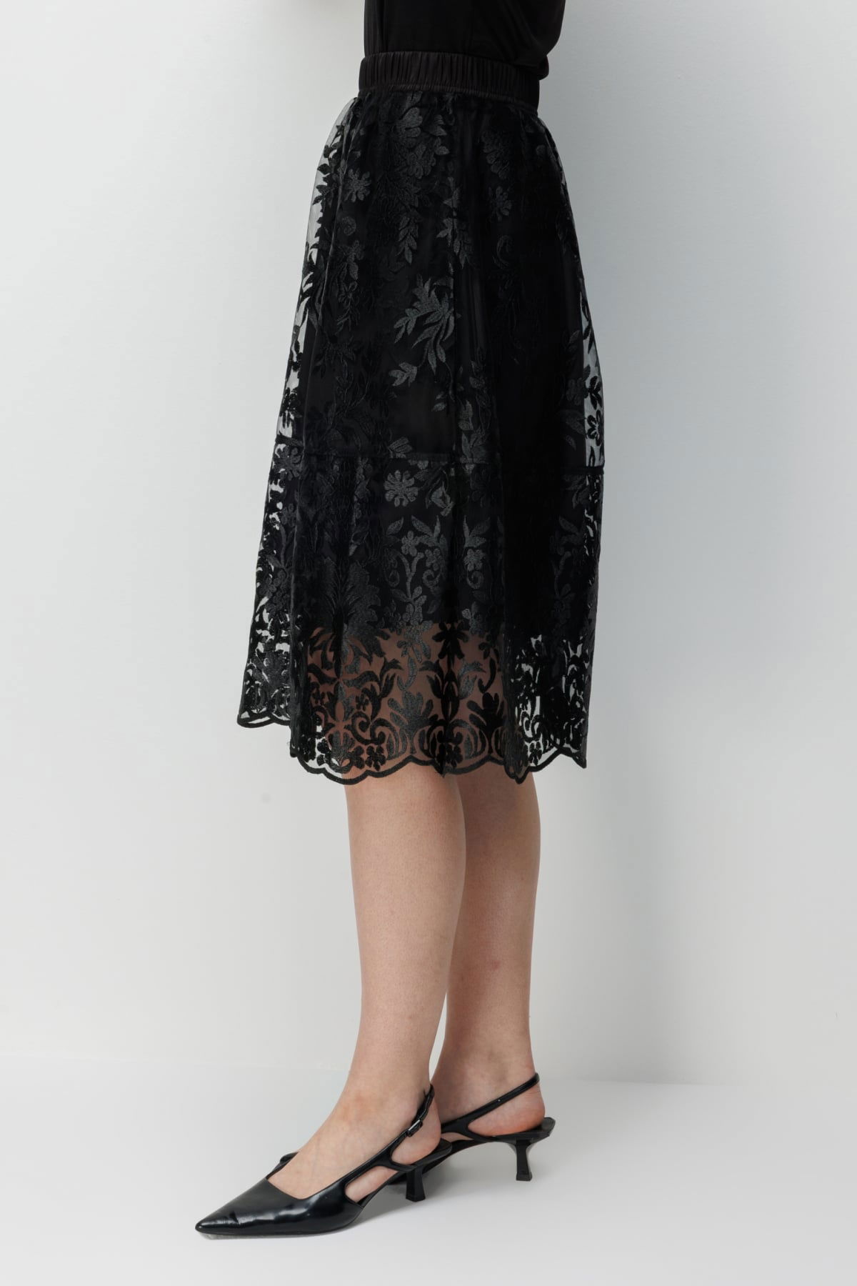 Ekol Kadın Nakış Desenli Yan Cepli Midi Etek 3944 Siyah - 4