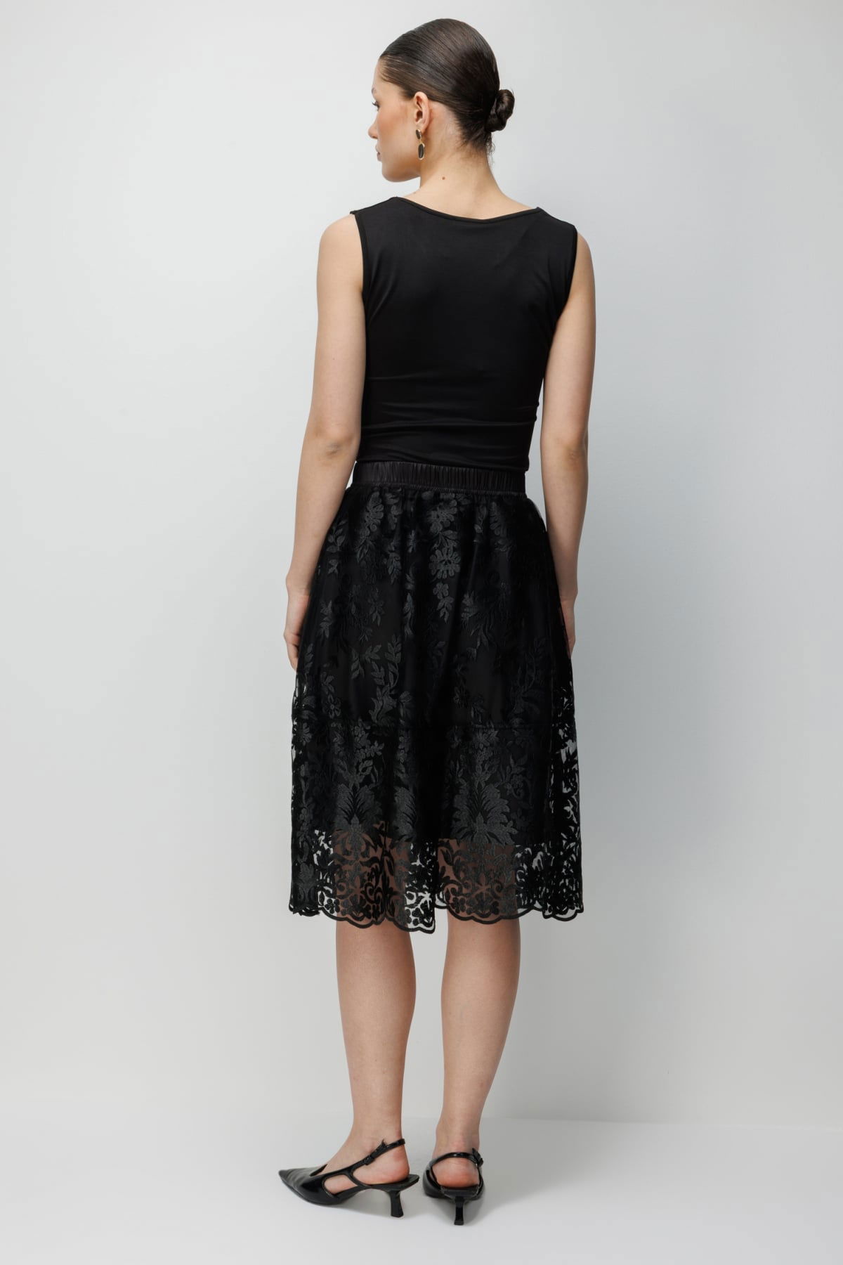 Ekol Kadın Nakış Desenli Yan Cepli Midi Etek 3944 Siyah - 5