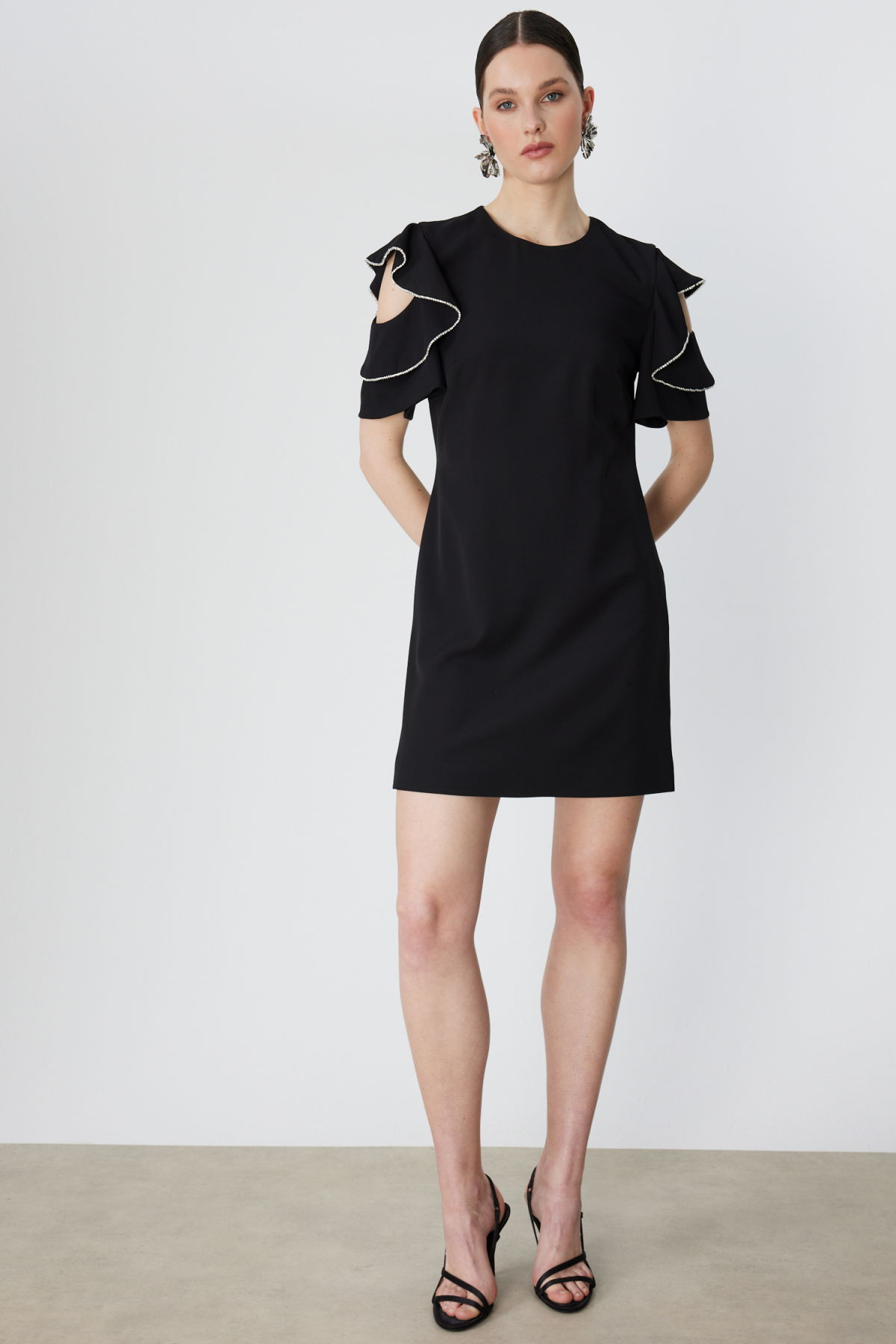 Ekol Kadın Omuzları Taşlı Kısa Kollu Mini Elbise 6032 Siyah - 1