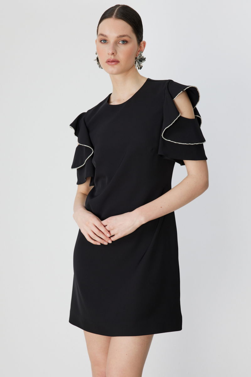 Ekol Kadın Omuzları Taşlı Kısa Kollu Mini Elbise 6032 Siyah - 2