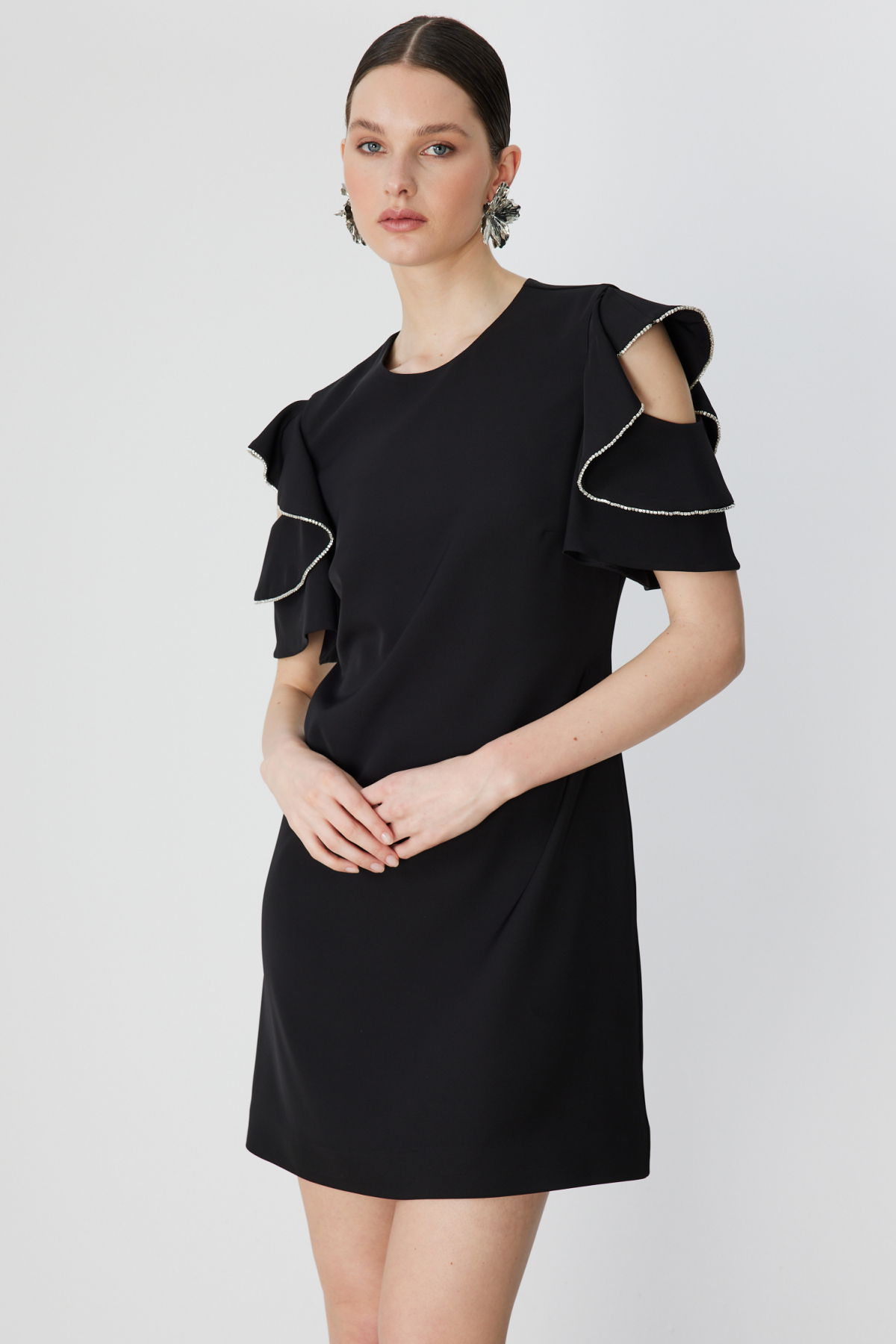 Ekol Kadın Omuzları Taşlı Kısa Kollu Mini Elbise 6032 Siyah - 2