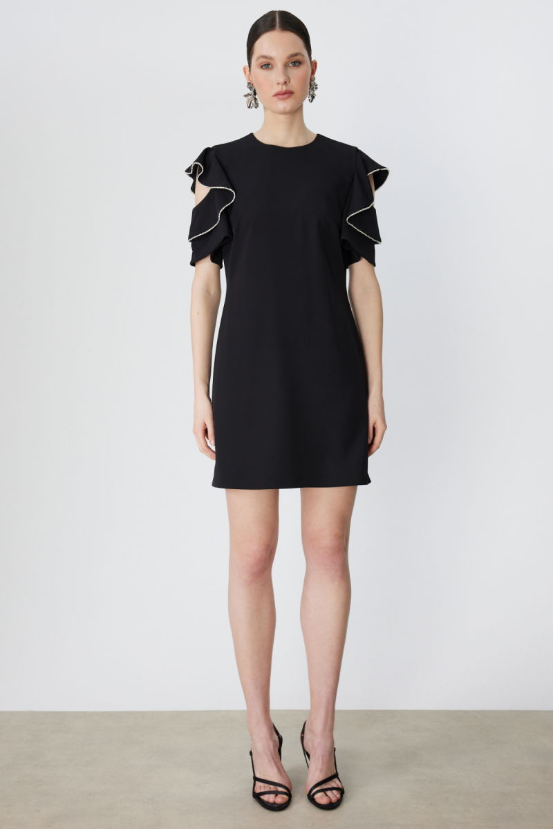 Ekol Kadın Omuzları Taşlı Kısa Kollu Mini Elbise 6032 Siyah - 3