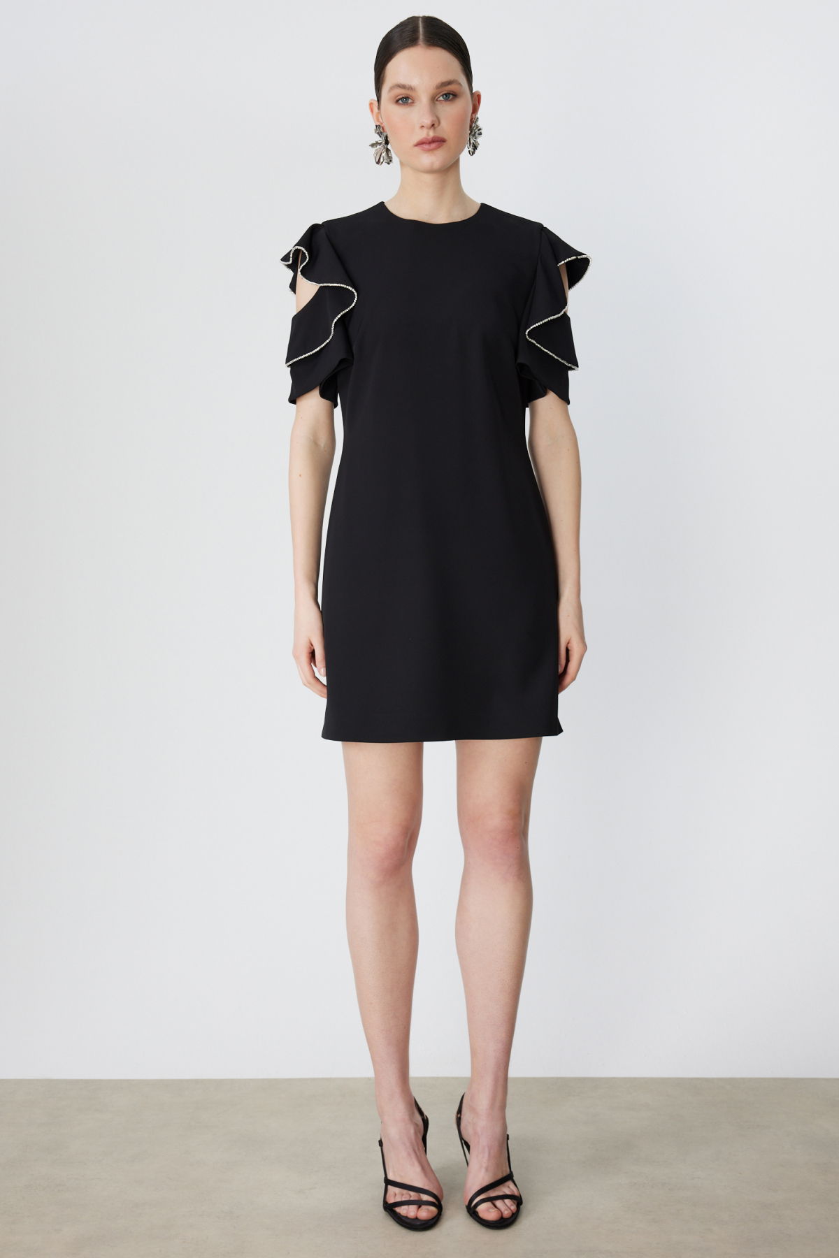 Ekol Kadın Omuzları Taşlı Kısa Kollu Mini Elbise 6032 Siyah - 3