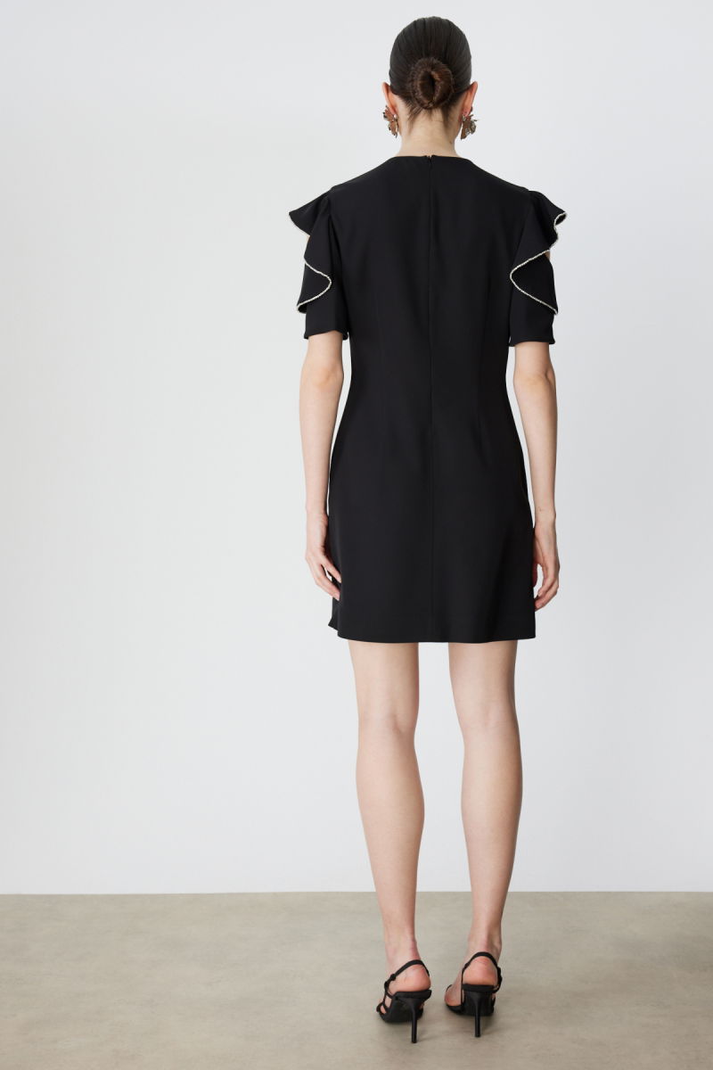 Ekol Kadın Omuzları Taşlı Kısa Kollu Mini Elbise 6032 Siyah - 4