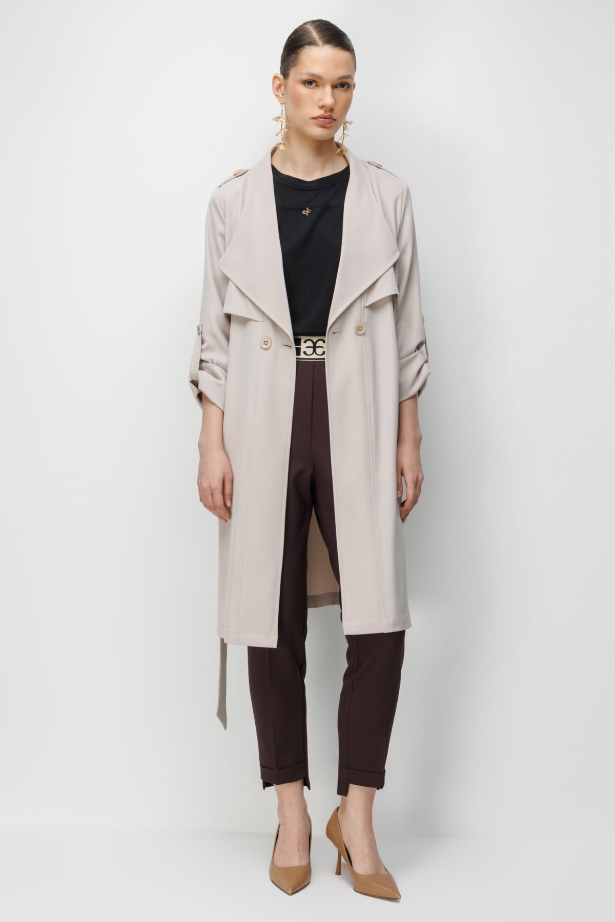 Ekol Kadın Omzu Apoletli Kuşaklı Trenç 7022 Kum - 2