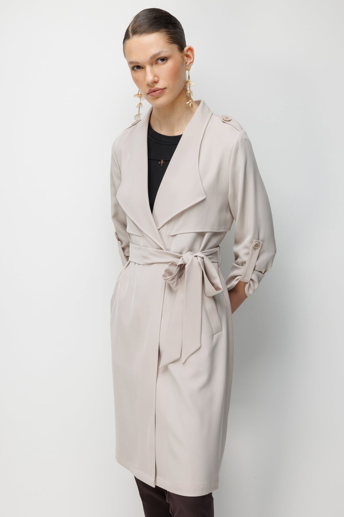 Ekol Kadın Omzu Apoletli Kuşaklı Trenç 7022 Kum - 3