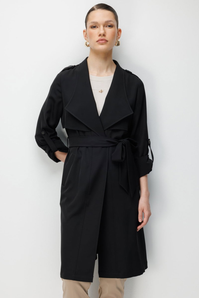 Ekol Kadın Omzu Apoletli Kuşaklı Trenç 7022 Siyah - 2