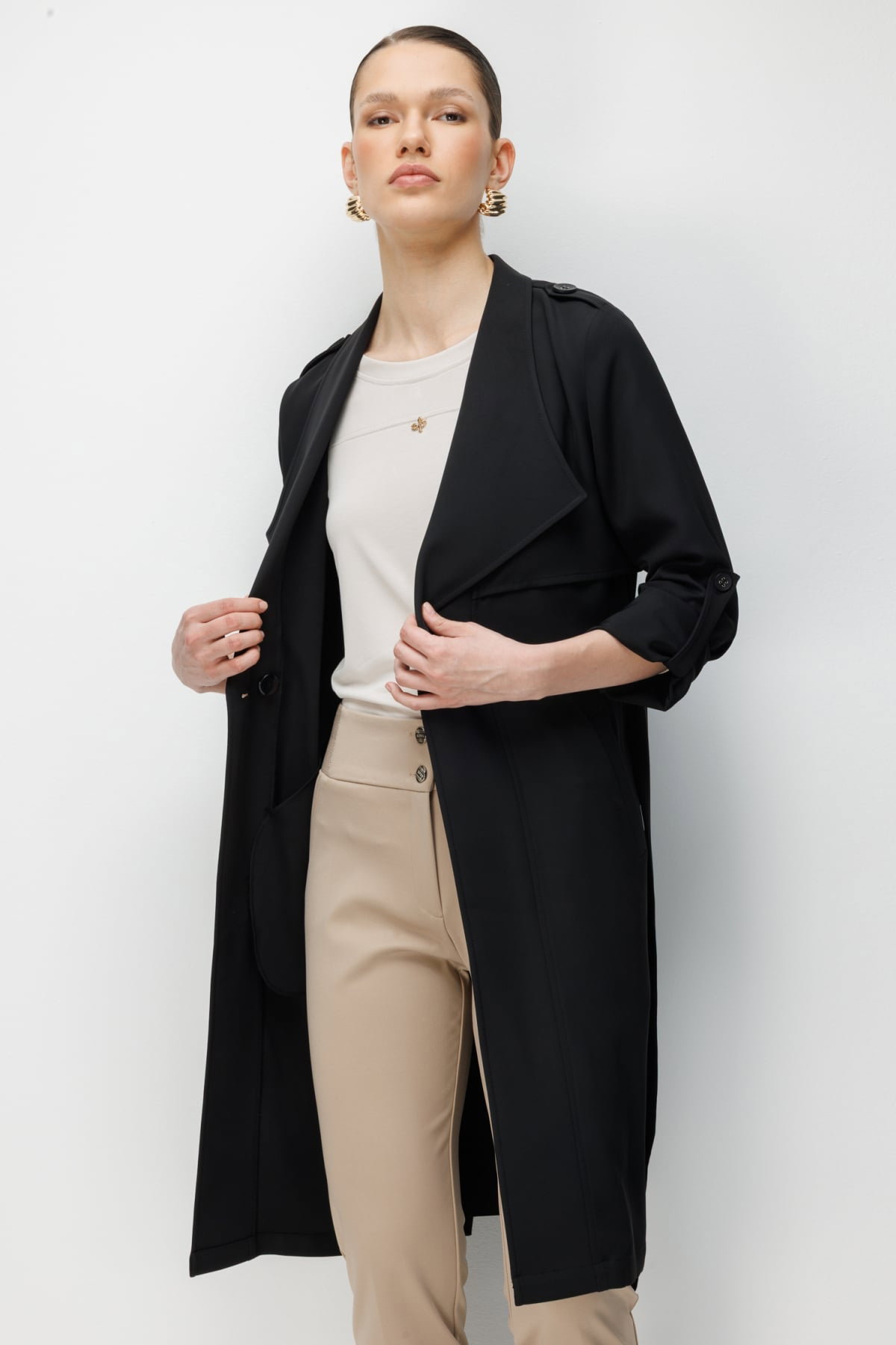 Ekol Kadın Omzu Apoletli Kuşaklı Trenç 7022 Siyah - 3