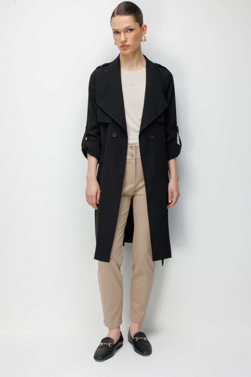 Ekol Kadın Omzu Apoletli Kuşaklı Trenç 7022 Siyah - 4