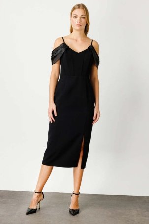 Ekol Kadın Omzu Organze Detaylı Krep Abiye Elbise 4100 Siyah - 1