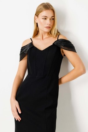 Ekol Kadın Omzu Organze Detaylı Krep Abiye Elbise 4100 Siyah - 2