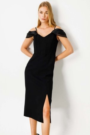 Ekol Kadın Omzu Organze Detaylı Krep Abiye Elbise 4100 Siyah - 3