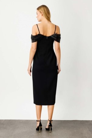 Ekol Kadın Omzu Organze Detaylı Krep Abiye Elbise 4100 Siyah - 4