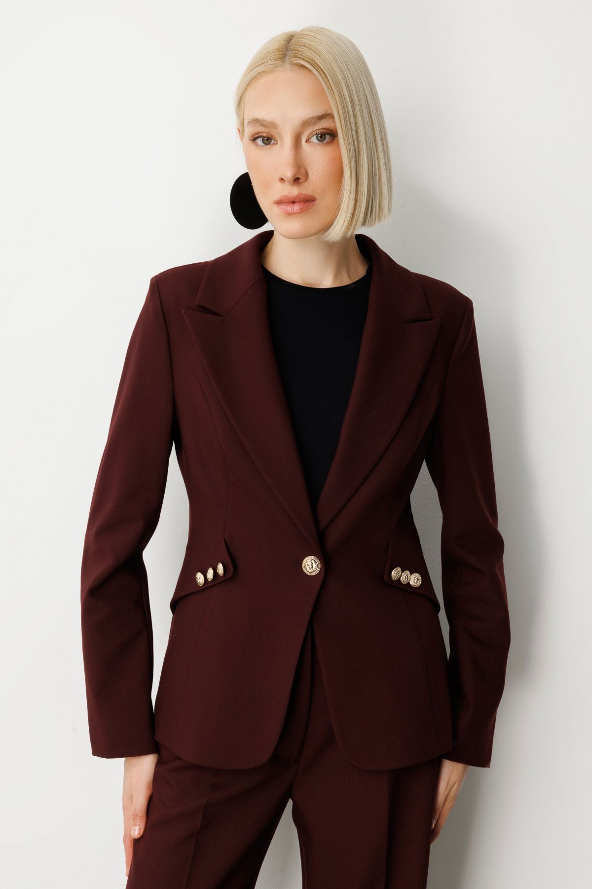 Ekol Kadın Omzu Vatkalı Düğme Aksesuarlı Ceket 5017 Bordo - 1