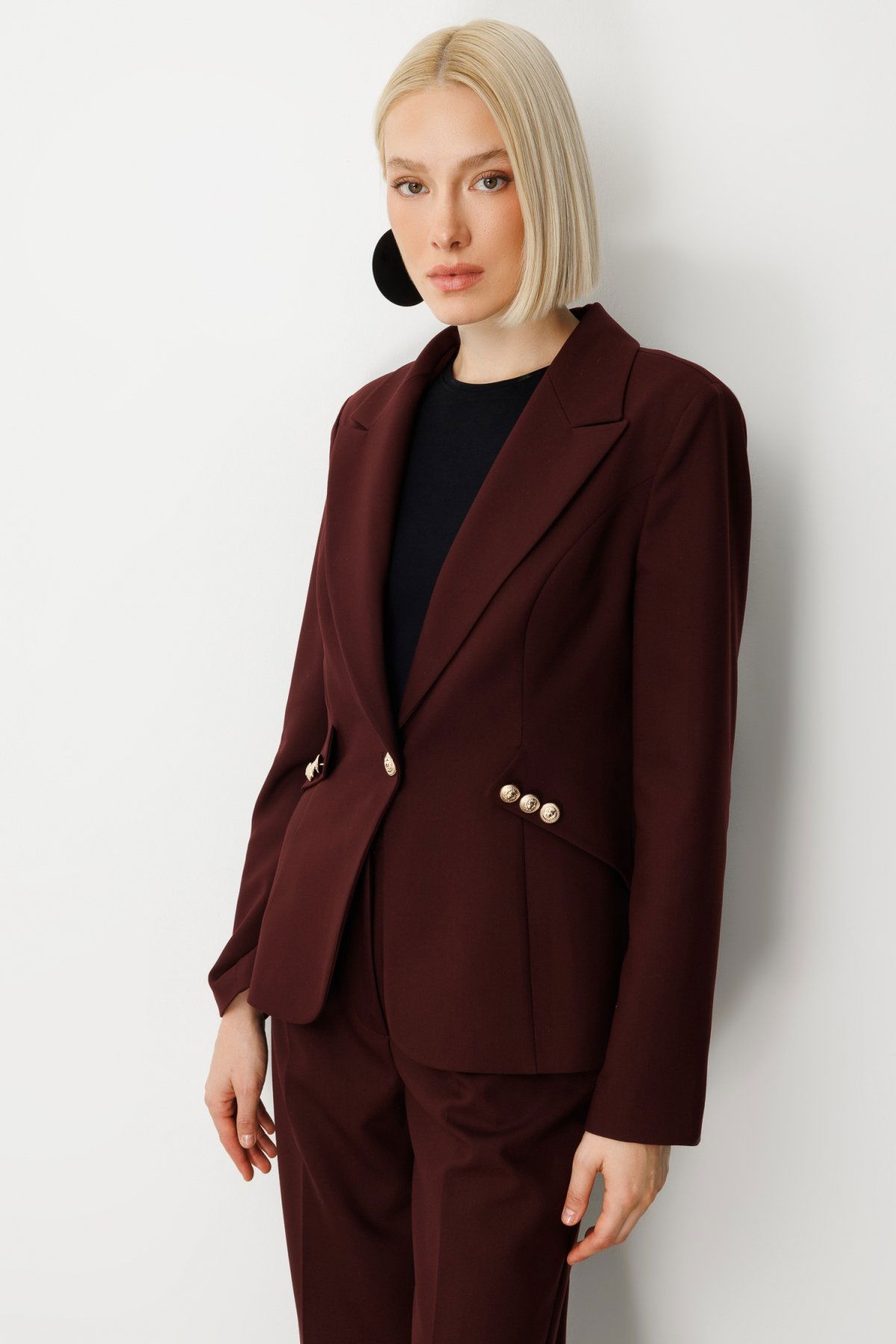 Ekol Kadın Omzu Vatkalı Düğme Aksesuarlı Ceket 5017 Bordo - 2