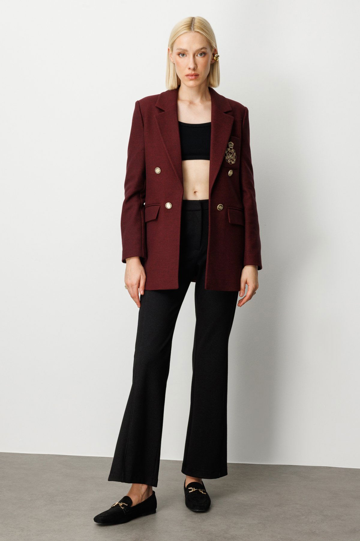 Ekol Kadın Önü Armalı Kapak Cepli Kaşe Ceket 5071 Bordo - 3